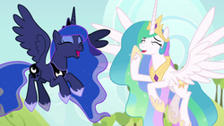 Size: 1920x1080 | Tagged: safe, screencap, princess celestia, princess luna, alicorn, pony, between dark and dawn, g4, eyes closed, faic, female, flying, jewelry, laughing, mare, regalia, royal sisters, spread wings, wings