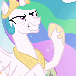 Size: 1080x1080 | Tagged: safe, edit, edited screencap, screencap, princess celestia, alicorn, pony, between dark and dawn, g4, season 9, cropped, crown, faic, female, fist pump, flying, grin, gritted teeth, hoof shoes, jewelry, mare, narrowed eyes, peytral, raised hoof, reaction image, regalia, smiling, solo, spread wings, wings, yeah