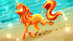 Size: 1920x1080 | Tagged: safe, artist:asurama, sunset shimmer, kirin, g4, beach, female, kirin sunset, kirin-ified, ocean, signature, solo, species swap, trotting