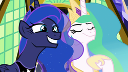 Size: 1920x1080 | Tagged: safe, screencap, princess celestia, princess luna, alicorn, pony, between dark and dawn, g4, duo, ethereal mane, eyes closed, faic, female, hoof on chest, jewelry, mare, regalia, royal sisters, siblings, sisters, smiling, starry mane