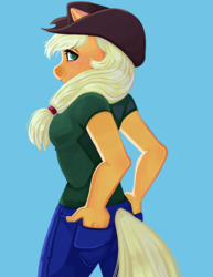 Size: 800x1035 | Tagged: safe, artist:kingbriarturtle, applejack, earth pony, anthro, g4, applejack's hat, clothes, cowboy hat, female, freckles, hand in pocket, hat, jeans, looking at you, mare, pants, shirt, smiling, solo, t-shirt