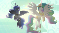 Size: 1920x1080 | Tagged: safe, screencap, princess celestia, princess luna, alicorn, pony, between dark and dawn, g4, backlighting, duo, ethereal mane, female, mare, royal sisters, siblings, sisters, spread wings, sun, wings