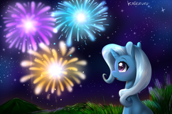 Size: 3000x2000 | Tagged: safe, artist:kaikururu, trixie, pony, unicorn, g4, cute, diatrixes, female, fireworks, high res, lavender, looking at something, mare, night, profile, sitting, solo, starry eyes, stars, wingding eyes