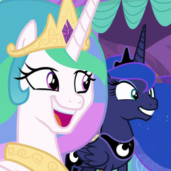 Size: 1080x1080 | Tagged: safe, edit, edited screencap, screencap, princess celestia, princess luna, alicorn, pony, between dark and dawn, g4, cropped, dreamworks face, ethereal mane, excited, faic, jewelry, laughing, open mouth, reaction image, regalia, royal sisters, silly, silly pony