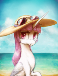 Size: 2767x3616 | Tagged: safe, artist:plotcore, princess celestia, alicorn, pony, g4, alternate hairstyle, bangs, beach, cute, cutelestia, female, hat, high res, looking at you, mare, pink mane, pink-mane celestia, sitting, smiling, solo, sun hat