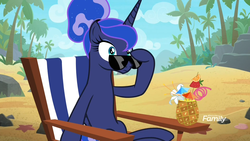 Size: 1920x1080 | Tagged: safe, screencap, princess luna, alicorn, pony, between dark and dawn, g4, alternate hairstyle, bare hooves, beach, coconut cup, discovery family logo, drink, eyeliner, female, folded wings, frown, hair bun, lonely, makeup, mare, solo, sunglasses, surprised, vacation, we don't normally wear clothes