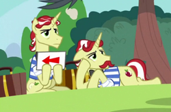 Size: 579x378 | Tagged: safe, screencap, flam, flim, pony, unicorn, between dark and dawn, g4, cropped, duo, flamabetes, flim flam brothers, hitchhiking, male, sign, stallion