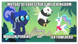 Size: 960x540 | Tagged: safe, edit, edited screencap, screencap, princess celestia, princess luna, bugbear, between dark and dawn, g4, binoculars, caption, image macro, jim fowler, marlin perkins, text, wild kingdom