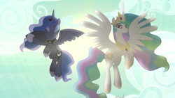 Size: 1920x1080 | Tagged: safe, screencap, princess celestia, princess luna, pony, between dark and dawn, g4, flying, sun