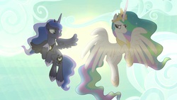 Size: 1920x1080 | Tagged: safe, screencap, princess celestia, princess luna, alicorn, pony, between dark and dawn, g4, duo, female, flying, jewelry, mare, regalia, siblings, sisters, sun