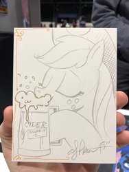 Size: 1536x2048 | Tagged: safe, artist:andy price, applejack, earth pony, pony, g4, cider, cowboy hat, eyes closed, female, hat, hoof hold, mare, pencil drawing, solo, traditional art