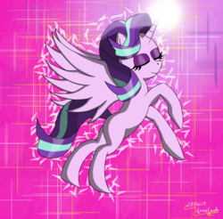 Size: 3350x3300 | Tagged: safe, artist:lyruzlavh, starlight glimmer, alicorn, pony, g4, abstract background, alicornified, eyelashes, eyes closed, eyeshadow, female, flying, high res, horn, magic, makeup, race swap, smiling, solo, starlicorn, wings