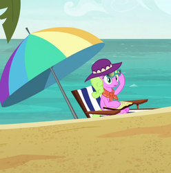 Size: 666x671 | Tagged: safe, screencap, daisy, flower wishes, earth pony, pony, between dark and dawn, g4, background pony, beach, beach chair, book, chair, clothes, cropped, female, hat, mare, ocean, scarf, solo, sun hat, sunglasses, surprised, umbrella