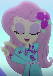 Size: 710x1018 | Tagged: safe, screencap, fluttershy, equestria girls, g4, my little pony equestria girls: choose your own ending, the last drop, the last drop: fluttershy, clothes, cropped, cute, dress, eyes closed, female, flower, geode of fauna, hairclip, jewelry, long sleeves, magical geodes, open mouth, outdoors, rose, shyabetes, smiling, solo, waistband, wristband