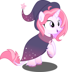 Size: 6455x6770 | Tagged: safe, artist:babyroxasman, oc, oc only, oc:stardust, classical unicorn, pony, unicorn, clothes, cloven hooves, cute, feathered fetlocks, female, hat, horn, leonine tail, mare, robe, simple background, solo, transparent background, unshorn fetlocks, vector, witch hat