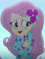 Size: 735x970 | Tagged: source needed, safe, screencap, fluttershy, butterfly, equestria girls, g4, my little pony equestria girls: choose your own ending, the last drop, the last drop: fluttershy, blushing, clothes, cropped, cute, dress, female, flower, geode of fauna, giggling, hairclip, jewelry, long sleeves, looking away, magical geodes, outdoors, rose, shyabetes, smiling, solo, waistband