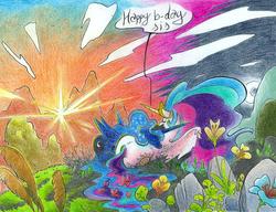 Size: 1280x983 | Tagged: safe, artist:leavingcrow, princess celestia, princess luna, pony, g4, birthday, celestia day, colored pencil drawing, dawn, ethereal mane, eyes closed, female, flower, mare, royal sisters, siblings, sisters, speech bubble, starry mane, sunrise, traditional art