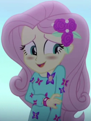 Size: 734x974 | Tagged: safe, screencap, fluttershy, butterfly, equestria girls, g4, my little pony equestria girls: choose your own ending, the last drop, the last drop: fluttershy, blushing, clothes, cropped, cute, dress, female, flower, geode of fauna, giggling, hairclip, jewelry, long sleeves, magical geodes, open mouth, outdoors, rose, shyabetes, smiling