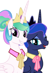 Size: 2872x4168 | Tagged: safe, artist:disneymarvel96, edit, vector edit, princess celestia, princess luna, alicorn, pony, g4, alternate hairstyle, bowtie, cute, cutelestia, duo, female, hair bun, looking at you, lunabetes, mare, one eye closed, open mouth, ribbon, ribbon bow tie, royal sisters, siblings, simple background, sisters, smiling, vector, white background, wink