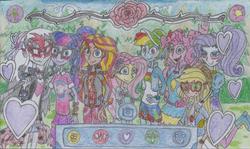 Size: 1884x1121 | Tagged: safe, artist:nephilim rider, applejack, fluttershy, pinkie pie, rainbow dash, rarity, sci-twi, sunset shimmer, twilight sparkle, oc, oc:heaven lost, equestria girls, festival filters, g4, my little pony equestria girls: better together, humane five, humane seven, humane six, traditional art