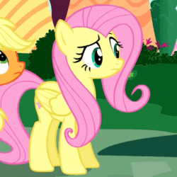 Size: 370x370 | Tagged: safe, edit, edited screencap, screencap, applejack, fluttershy, earth pony, pegasus, pony, g4, the saddle row review, animated, caption, cropped, female, gif, gif with captions, image macro, reaction image, reversed, solo focus, text, what just happened