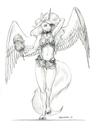 Size: 1000x1307 | Tagged: safe, artist:baron engel, princess celestia, alicorn, anthro, unguligrade anthro, armpits, belly button, breasts, busty princess celestia, clothes, collar, cotton candy, daisy dukes, female, grayscale, looking at you, mare, midriff, monochrome, panties, pencil drawing, praise the sun, shorts, simple background, solo, tanktop, thong, traditional art, underwear, white background