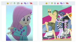 Size: 440x247 | Tagged: source needed, safe, edit, screencap, fluttershy, micro chips, octavia melody, sandalwood, valhallen, derpibooru, equestria girls, g4, i'm on a yacht, my little pony equestria girls: better together, my little pony equestria girls: choose your own ending, the last drop, the last drop: fluttershy, dancing, feet, glasses, juxtaposition, legs, male, male feet, meta