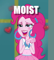 Size: 480x530 | Tagged: safe, artist:annon, edit, edited screencap, screencap, pinkie pie, equestria girls, g4, my little pony equestria girls: better together, super squad goals, bedroom eyes, belly button, big lips, bimbo, bimbo edit, bimbo pie, blushing, bracelet, caption, cropped, eyeshadow, female, floating heart, headband, heart, hooped earrings, impact font, jewelry, long nails, makeup, midriff, show style adventure, solo