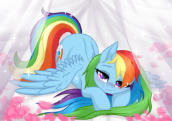 Size: 3465x2454 | Tagged: safe, alternate version, artist:rioshi, artist:sparkling_light base, artist:starshade, rainbow dash, pegasus, pony, g4, alternate hairstyle, ass up, bed, bedroom eyes, blushing, cute, dashabetes, female, flower petals, high res, long mane, looking at you, mare, never doubt blaa6 involvement, pretty, sexy, solo, stupid sexy rainbow dash, wing fluff, wings, ych result