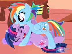 Size: 8000x6000 | Tagged: safe, artist:nightmaremoons, rainbow dash, twilight sparkle, pegasus, pony, unicorn, g4, book, drool, ear licking, eyes closed, female, golden oaks library, lesbian, licking, mare, on back, ship:twidash, shipping, show accurate, tongue out