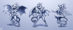 Size: 2400x1000 | Tagged: safe, artist:kp-shadowsquirrel, princess ember, dragon, g4, angry, dragoness, female, gradient background, grayscale, happy, monochrome, sketch, solo