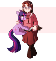 Size: 1280x1382 | Tagged: safe, artist:lupeylycan, twilight sparkle, human, pony, unicorn, g4, abstract background, anime, azumanga daioh, beanbrows, book, clothes, crossover, duo, duo female, eye clipping through hair, eyebrows, female, mare, mizuhara koyomi, skirt, unicorn twilight, white pupils