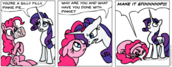 Size: 930x363 | Tagged: safe, artist:gingerfoxy, pinkie pie, rarity, earth pony, pony, unicorn, pony comic generator, g4, angry, comic, duo, female, jar, mare, panicking, simple background, speech bubble, white background, yelling