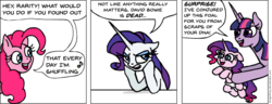 Size: 926x357 | Tagged: safe, artist:gingerfoxy, pinkie pie, rarity, twilight sparkle, oc, earth pony, pony, unicorn, pony comic generator, g4, annoyed, comic, david bowie, female, filly, foal, lmfao, magical lesbian spawn, mare, mutant, offspring, parent:pinkie pie, parent:rarity, parents:raripie, party rock anthem (lmfao feat. lauren bennett & goonrock), simple background, singing, song reference, speech bubble, white background