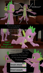 Size: 1920x3240 | Tagged: safe, artist:papadragon69, queen chrysalis, spike, dragon, comic:spike's cyosa, g4, 3d, choice, comic, crawling, crystal empire, cyoa, disguise, disguised changeling, fight, male, musical instrument, older, older spike, piano, source filmmaker, teenage spike, teenager, throwing, winged spike, wings