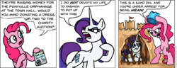 Size: 925x356 | Tagged: safe, artist:gingerfoxy, pinkie pie, rarity, earth pony, pony, unicorn, pony comic generator, g4, angry, bucket, comic, flyer, jail, mean, out of character, sandcastle, teeth