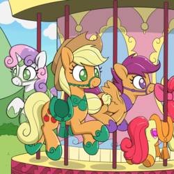 Size: 2000x2000 | Tagged: safe, artist:skitter, edit, apple bloom, applejack, scootaloo, sweetie belle, earth pony, pegasus, pony, unicorn, g4, spoiler:comic78, bow, bridle, carousel, cosmageddon, cute, cutie mark crusaders, female, hair bow, high res, hoof shoes, horn, horn ring, i have no mouth and i must scream, inanimate tf, outdoors, peytral, saddle, smiling, tack, transformation