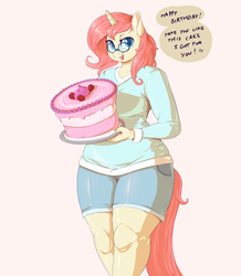 Size: 2200x2527 | Tagged: safe, artist:sirmasterdufel, oc, oc only, oc:rose pendant, unicorn, anthro, birthday cake, cake, female, food, glasses, high res, mare, solo, this will end in weight gain, weight gain sequence