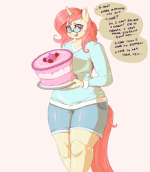 Size: 2200x2527 | Tagged: safe, artist:sirmasterdufel, oc, oc only, oc:rose pendant, unicorn, anthro, birthday cake, cake, female, fetish, food, glasses, high res, hypnosis, hypnosis fetish, mare, solo, swirly eyes, this will end in weight gain, weight gain sequence