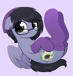 Size: 3235x3388 | Tagged: safe, artist:moozua, oc, oc only, oc:nightshade (pegasus), pegasus, pony, beanie, butt, clothes, cute, ear piercing, earring, eye clipping through hair, floppy ears, glasses, hat, high res, jewelry, looking at you, ocbetes, piercing, plot, simple background, smiling, smiling at you, socks, solo