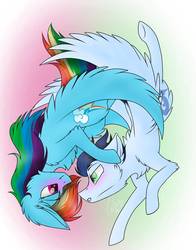 Size: 1100x1400 | Tagged: safe, artist:pegacousinceles, rainbow dash, soarin', pegasus, pony, g4, backwards cutie mark, blushing, chest fluff, eye contact, female, flying, gradient background, looking at each other, looking at someone, male, mare, ship:soarindash, shipping, stallion, straight