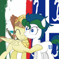 Size: 1500x1500 | Tagged: safe, artist:archooves, oc, oc:martinique, oc:tailcoatl, earth pony, pegasus, pony, hug, martinique, mexico, nation ponies, ponified