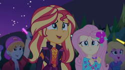 Size: 1918x1080 | Tagged: safe, edit, edited screencap, screencap, aqua blossom, fluttershy, sandy cerise, sunset shimmer, equestria girls, equestria girls series, g4, the last drop, spoiler:choose your own ending (season 2), spoiler:eqg series (season 2), background human, cropped, female, flower, flower in hair, geode of empathy, geode of fauna, glowstick, magical geodes, male, offscreen character, smiling