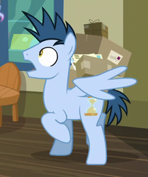 Size: 423x505 | Tagged: safe, screencap, time flies, pegasus, pony, between dark and dawn, g4, alternate hairstyle, background pony, cropped, mail, male, package, post office, raised hoof, stallion, surprised