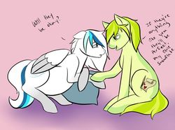 Size: 1024x760 | Tagged: safe, artist:painted-affection, oc, oc:arctic mist, oc:kiwi lime, earth pony, pegasus, pony, female, male, mare, oc x oc, pillow, pregnant, shipping, stallion, teary eyes, worried