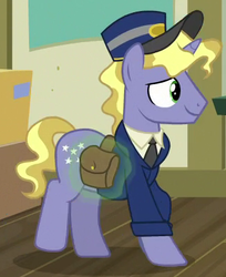 Size: 328x401 | Tagged: safe, screencap, ponet, pony, unicorn, between dark and dawn, g4, clothes, cropped, hat, jacket, mailbag, mailpony, male, necktie, shirt, solo, stallion