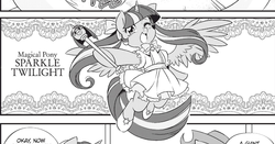 Size: 1820x952 | Tagged: safe, seven seas, twilight sparkle, alicorn, pony, g4, my little pony: the manga, my little pony: the manga volume 1, clothes, cute, dress, magical girl, manga, monochrome, pigtails, scepter, transformation, twilight scepter, twilight sparkle (alicorn), twintails