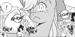 Size: 1274x632 | Tagged: safe, seven seas, applejack, berry punch, berryshine, bon bon, sweetie drops, earth pony, pony, g4, my little pony: the manga, my little pony: the manga volume 1, official, balloon, female, literal butthurt, manga, mare, monochrome, pain, wide eyes