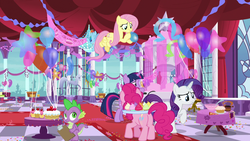 Size: 1920x1080 | Tagged: safe, screencap, fluttershy, pinkie pie, rarity, spike, twilight sparkle, alicorn, dragon, earth pony, pegasus, pony, unicorn, between dark and dawn, g4, balloon, blowing up balloons, canterlot, clipboard, confetti, cupcake, female, food, fountain, male, mare, party, ribbon, scenery, statue, streamers, twilight sparkle (alicorn)