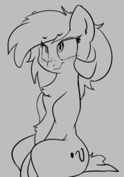 Size: 367x524 | Tagged: safe, artist:lockhe4rt, oc, oc only, oc:filly anon, earth pony, pony, belly fluff, chest fluff, female, filly, freckles, looking up, monochrome, question mark, simple background, sitting, sketch, smiling, smirk, solo, white background